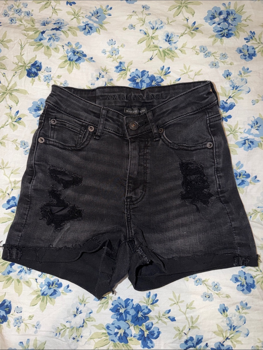 American Eagle Outfitters Black Distressed High-Rise V Jean Shorts